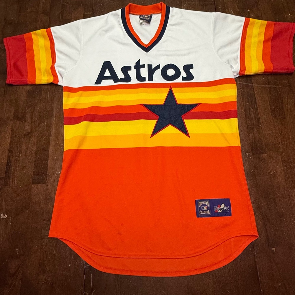 Vtg Majestic Houston Astros Cooperstown Baseball Jersey Men Large Orange Rainbow